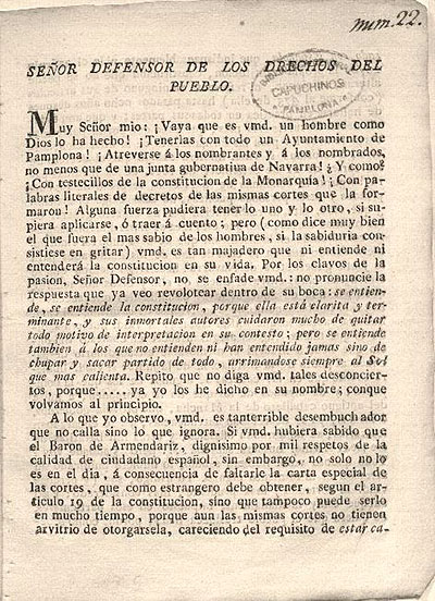 Señor Defensor de los drechos [sic] del pueblo / el Pregonero de las Tracamandainas. Pamplona, Ramón Domingo, 1820. Pamplona. Biblioteca Central de Capuchinos.