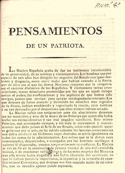 Joaquín Domingo, Pensamientos de un patriota. Pamplona, Joaquín Domingo, 1820. Biblioteca de la Colegiata de Roncesvalles.