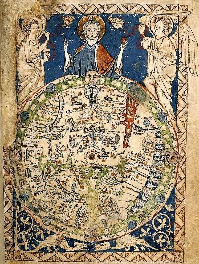 Mapamundi del Salterio de la abadía de Westminster de 1265.Pequeño mapa de alrededor de 9,5 cm de alto, conservado actualmente en la British Library.