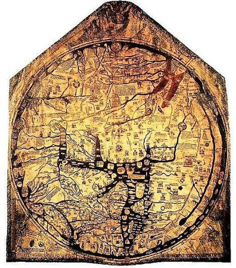 Mapamundi de Hereford de 1285. Mide 132 x 162 cm, dibujado en una sola hoja de pergamino con tinta negra y algunos toques de rojo, verde, oro y azul. En él están representadas 420 ciudades, 15 eventos bíblicos, 33 animales y plantas, 32 personas, y cinco escenas de la mitología clásica.