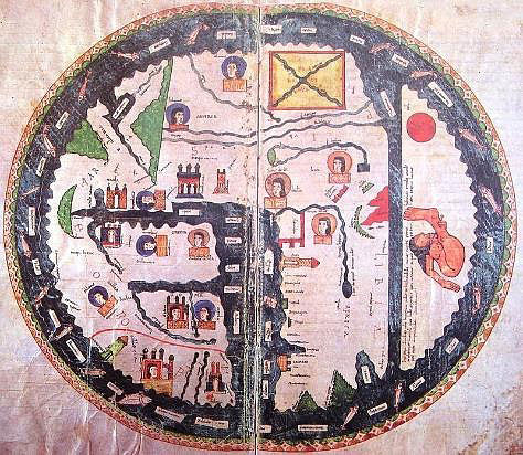 Mapamundi del Beato de Liébana del Burgo de Osma, 1086 (copia de 1203). Orientado con el Este en la parte superior, contiene imágenes de los doce apóstoles.