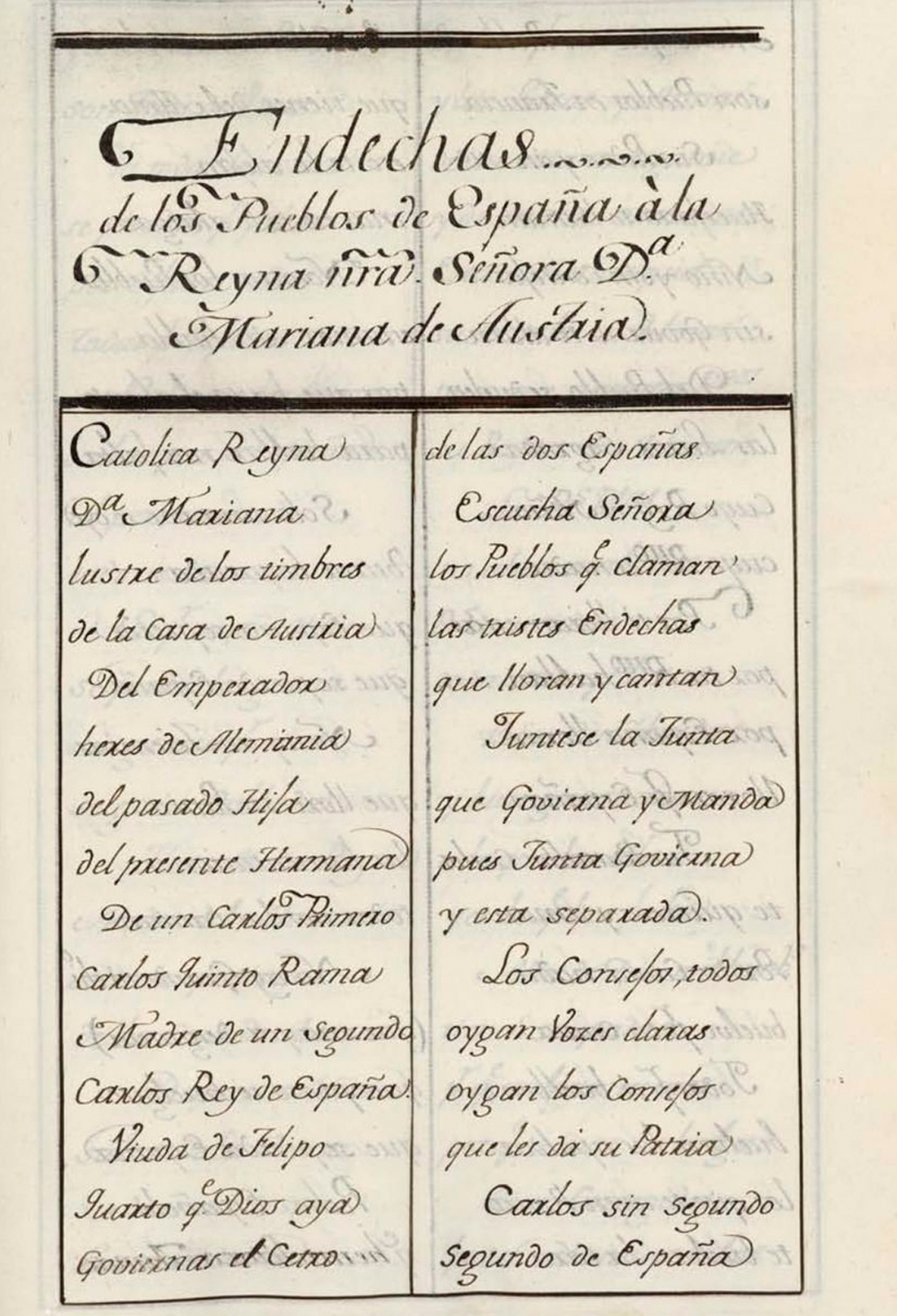 «Endechas de los pueblos de España a la reina nuestra señora doña Mariana de Austria», en Papeles en prosa y verso relativos al reinado de Carlos II, Ms. 18216 de la BNE, fol. 49r.