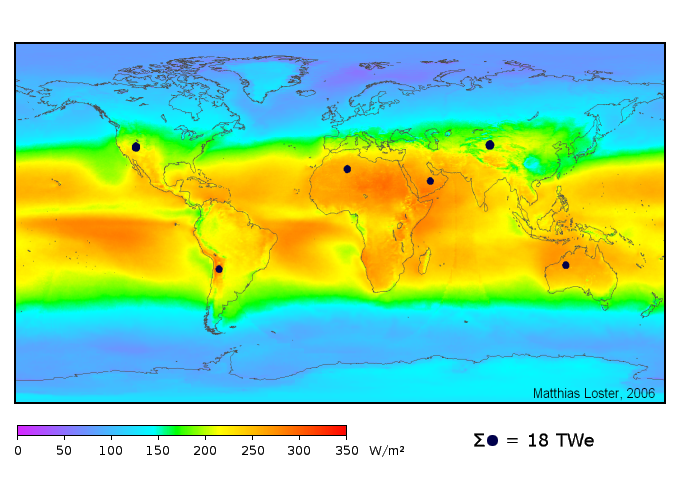 The colors indicate the average solar radiation; the black dots indicate places where there could be a greater use of solar energy [Mlino76]
