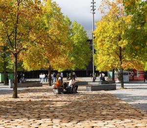 En medios: una gran alfombra de madera en la Plaza de Baluarte
