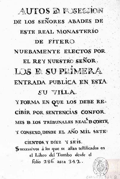 Portada del libro de los recibimientos de abades de Fitero (1716-1830) conservado en el Archivo Histórico Nacional