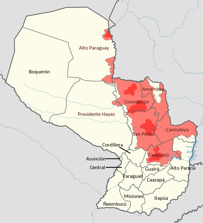 Zonas de influencia del EPP (rojo claro) y lugares donde ha habido bases del grupo (rojo oscuro) [Mikelelgediento]